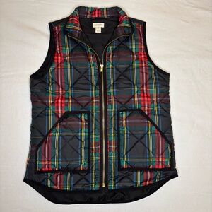 J. Crew Factory XS Red Green Plaid Quilted Puffer Vest Pockets Classic Prep